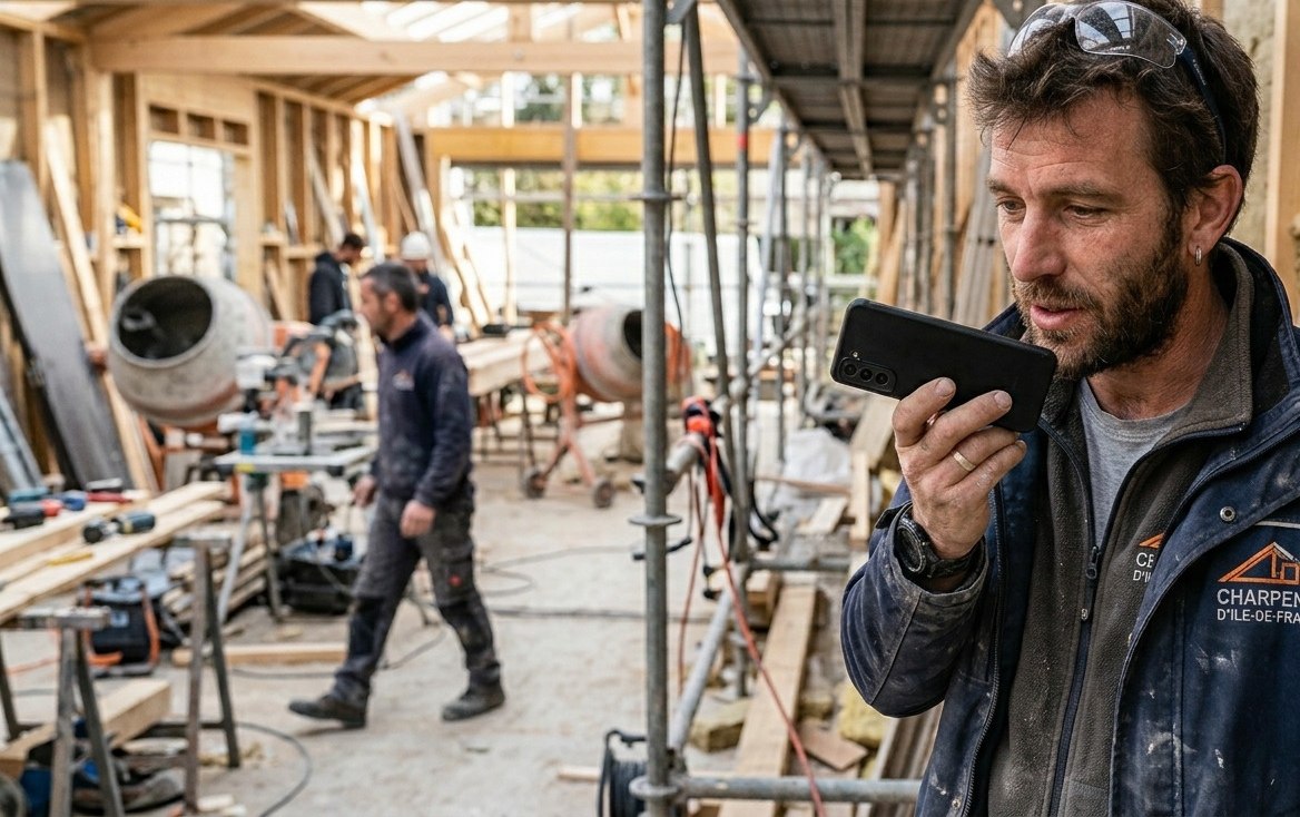 Charpentier qui dicte son devis en message vocal sur WhatsApp depuis le chantier