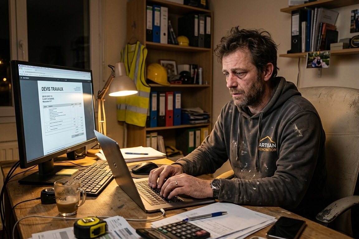 Artisan fatigué le soir, en train de retaper un devis sur son ordinateur